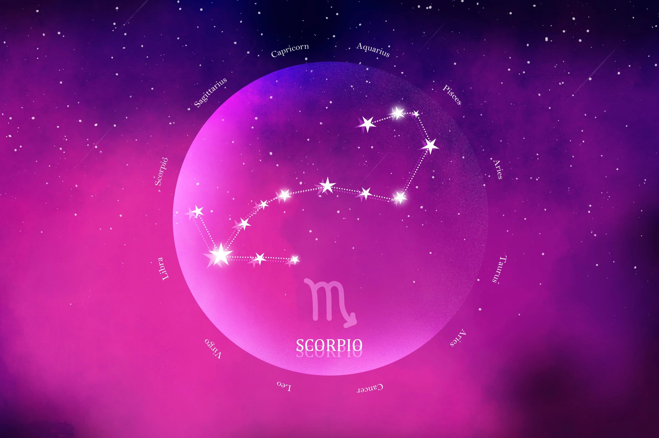 Colorful Scorpio astrology illustration on a cosmic background